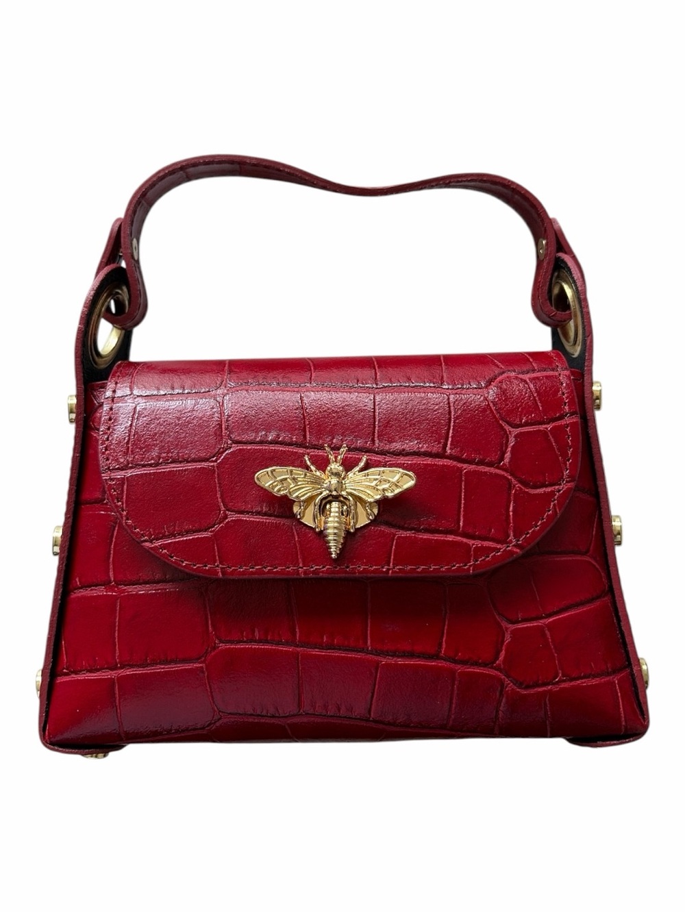 Persaman New York Red Croc-Embossed Top-Handle Mini Bag Gold Beehive Designer
